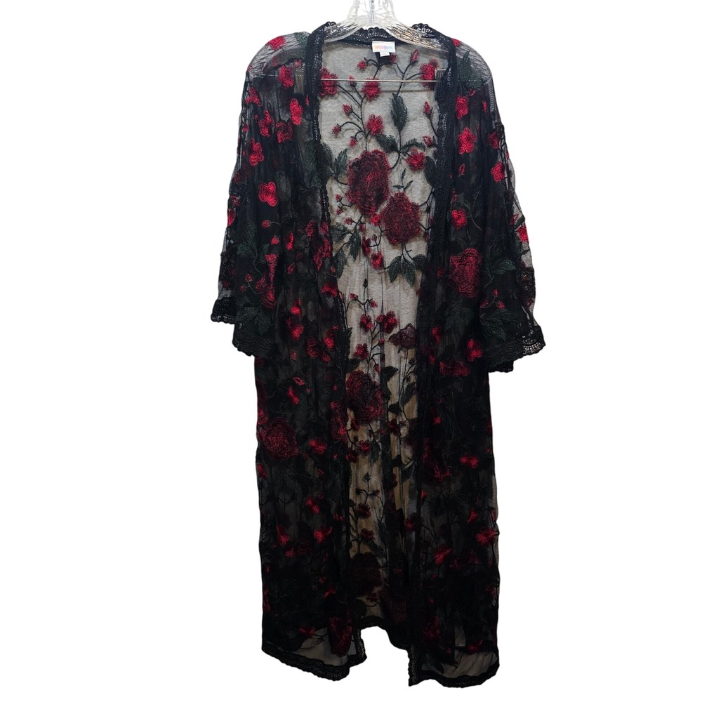 LuLaRoe Shirley Kimono Duster Large Black Red Floral Embroidered Mesh Lace Trim